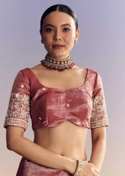 Onion Pink Tissue Saree With Detailed Floral Embroidered Border