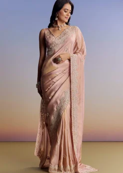 Onion Pink Tissue Saree With Gota Patti Moti And Cutdana Scallop Border