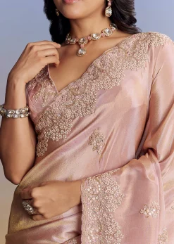 Onion Pink Tissue Saree With Gota Patti Moti And Cutdana Scallop Border