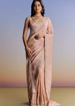 Onion Pink Tissue Saree With Gota Patti Moti And Cutdana Scallop Border
