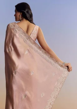 Onion Pink Tissue Saree With Gota Patti Moti And Cutdana Scallop Border