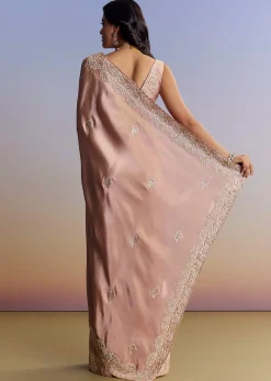 Onion Pink Tissue Saree With Gota Patti Moti And Cutdana Scallop Border
