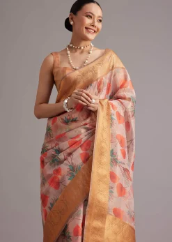 Onion Pink Tissue Silk Printed Saree With Zari Woven Contrast Border And Pallu