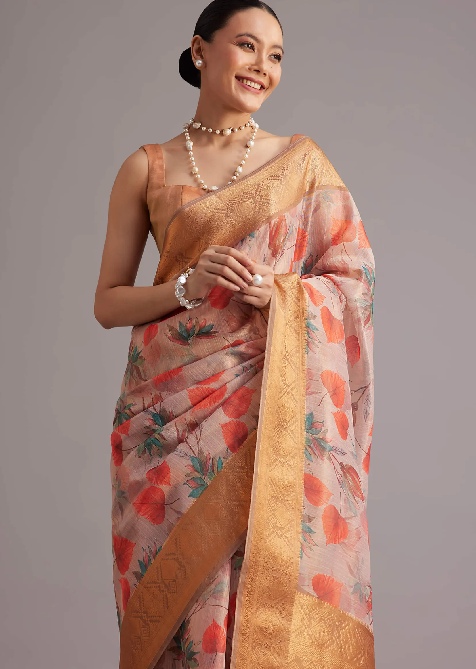Onion Pink Tissue Silk Printed Saree With Zari Woven Contrast Border And Pallu