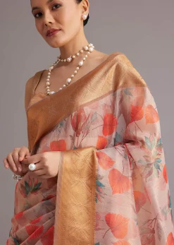 Onion Pink Tissue Silk Printed Saree With Zari Woven Contrast Border And Pallu