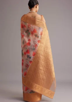 Onion Pink Tissue Silk Printed Saree With Zari Woven Contrast Border And Pallu