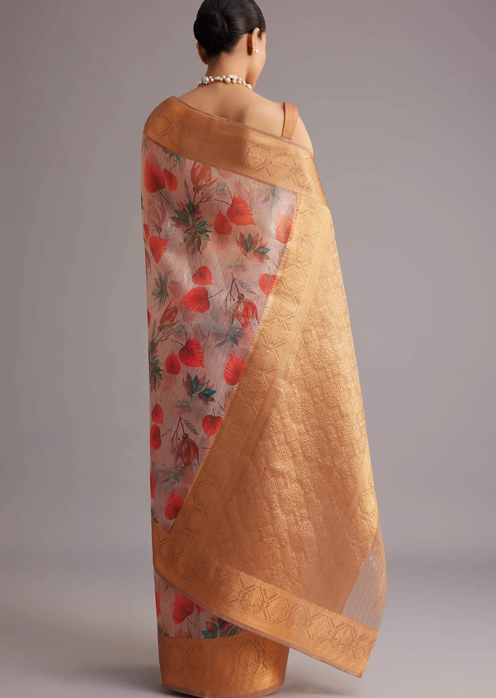 Onion Pink Tissue Silk Printed Saree With Zari Woven Contrast Border And Pallu