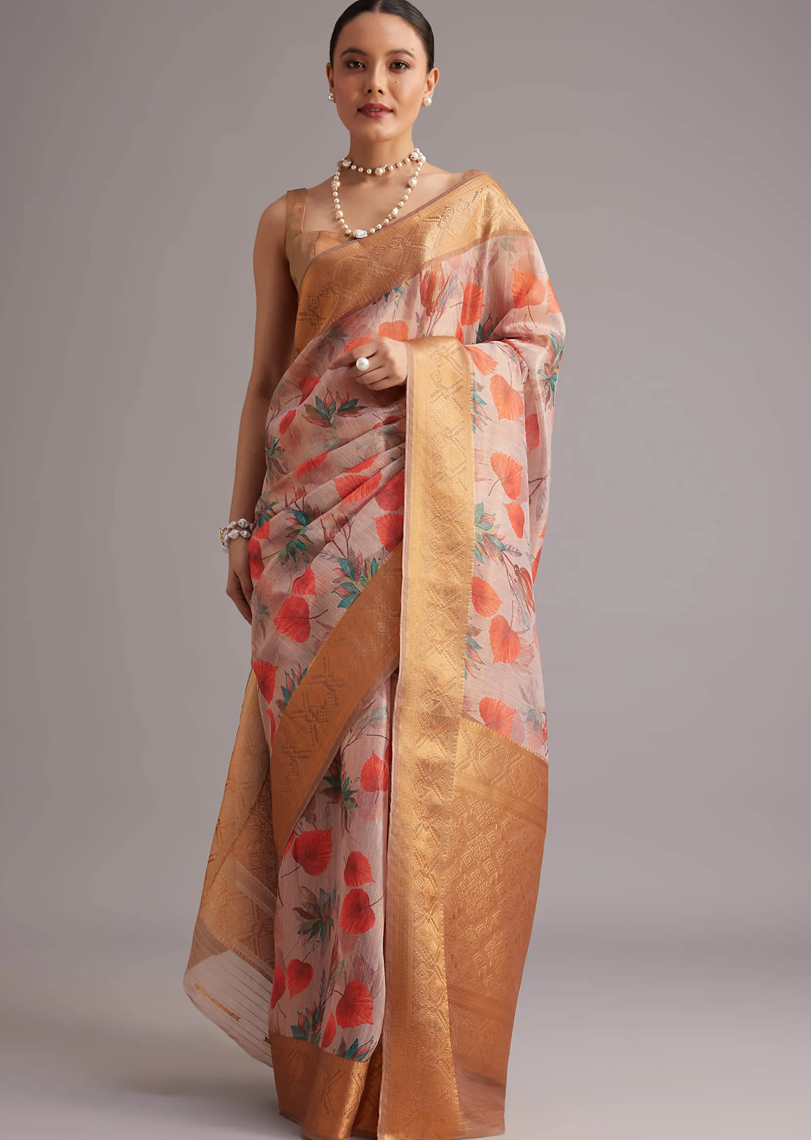 Onion Pink Tissue Silk Printed Saree With Zari Woven Contrast Border And Pallu