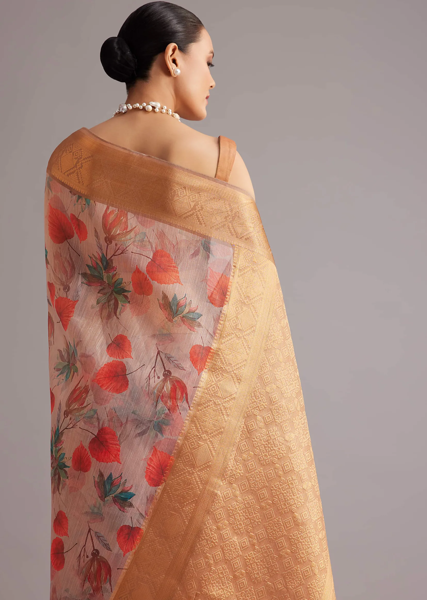 Onion Pink Tissue Silk Printed Saree With Zari Woven Contrast Border And Pallu