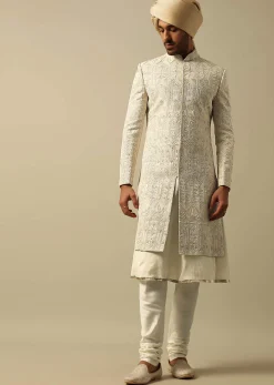 Opulent Beige Banarasi Silk Sherwani