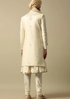 Opulent Beige Banarasi Silk Sherwani