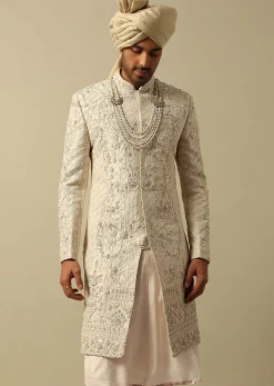 Opulent White Raw Silk Sherwani