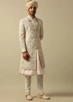 Opulent White Raw Silk Sherwani