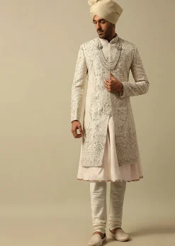 Opulent White Raw Silk Sherwani