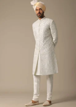 Opulent White Silk Sherwani Set