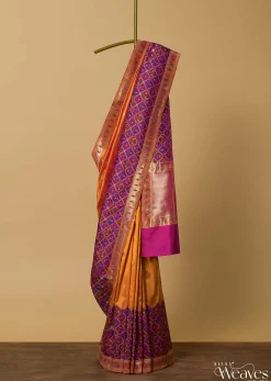 Orange And Pink Banarasi Ikat Patola Weave Saree With Unstitched Blouse Piece