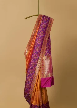 Orange And Pink Banarasi Ikat Patola Weave Saree With Unstitched Blouse Piece