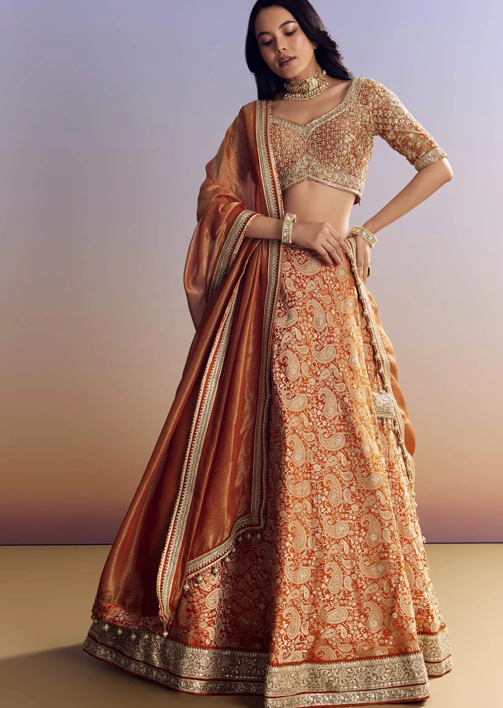 Orange Banarasi Lehenga With Embroidered Choli And Dupatta