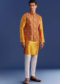 Orange Brocade Kurta Jacket Set With Geometric Print