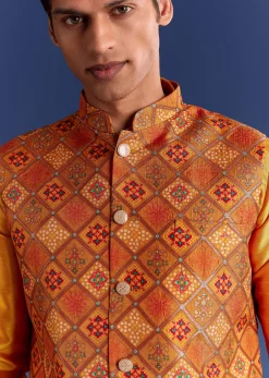 Orange Brocade Kurta Jacket Set With Geometric Print