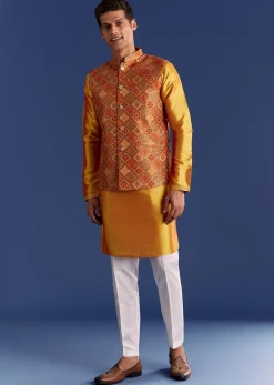 Orange Brocade Kurta Jacket Set With Geometric Print