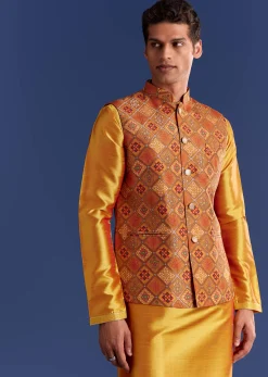Orange Brocade Kurta Jacket Set With Geometric Print