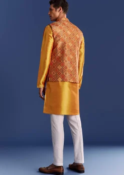 Orange Brocade Kurta Jacket Set With Geometric Print