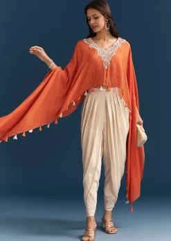 Orange Cape Crop Top Dhoti Set With Moti And Cut Dana Embroidery