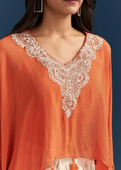 Orange Cape Crop Top Dhoti Set With Moti And Cut Dana Embroidery