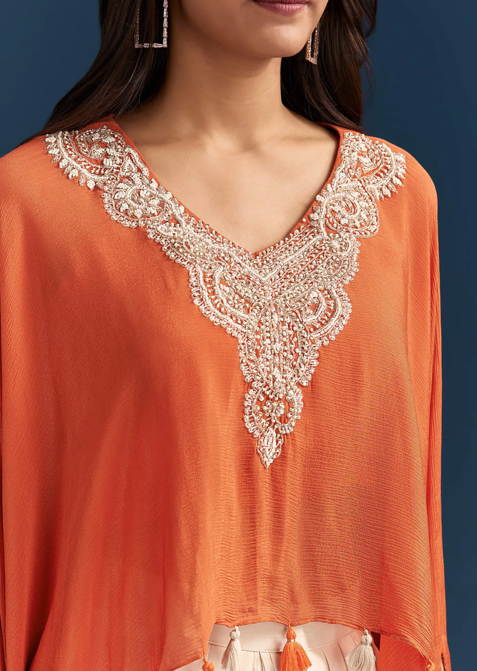 Orange Cape Crop Top Dhoti Set With Moti And Cut Dana Embroidery