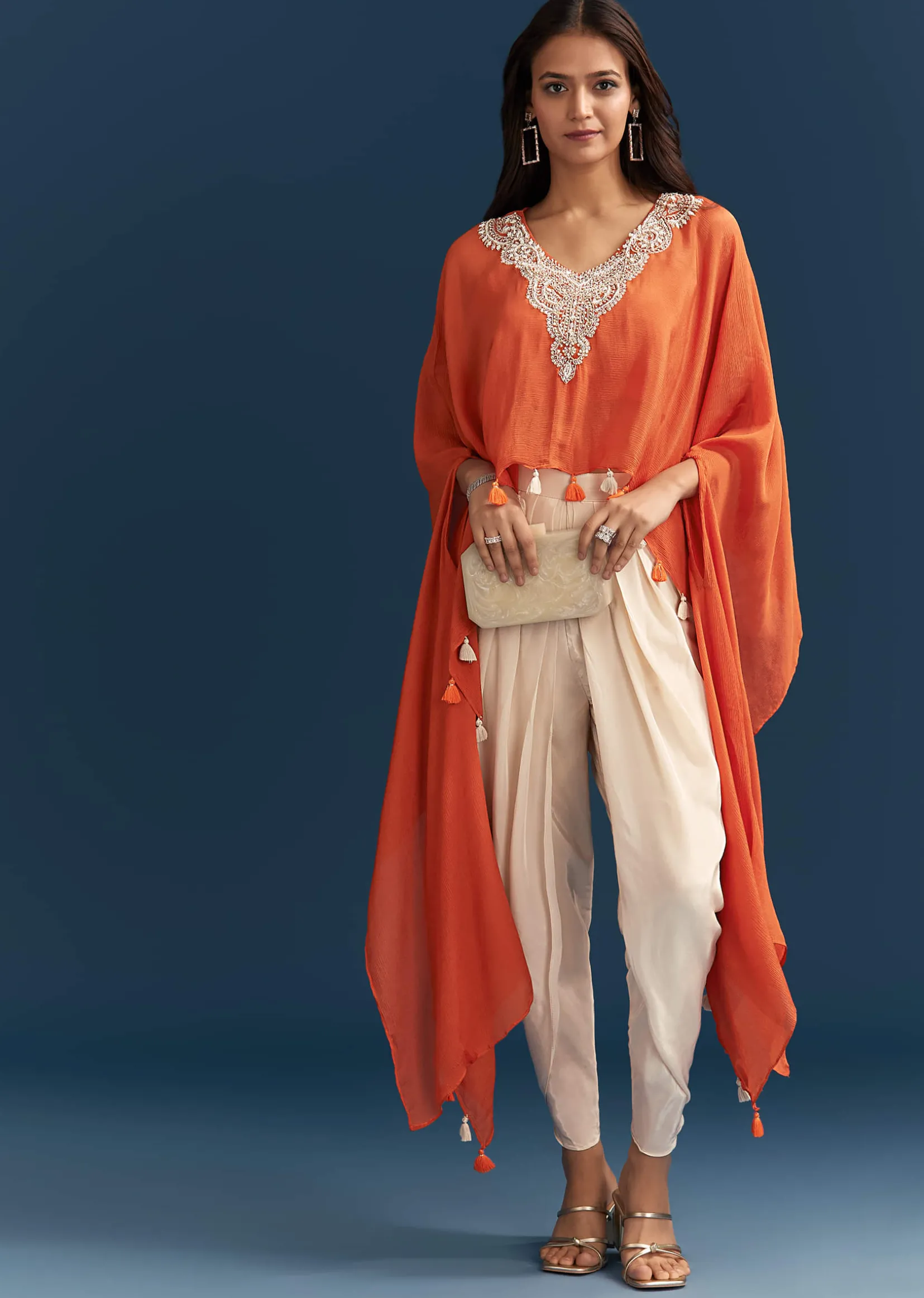 Orange Cape Crop Top Dhoti Set With Moti And Cut Dana Embroidery