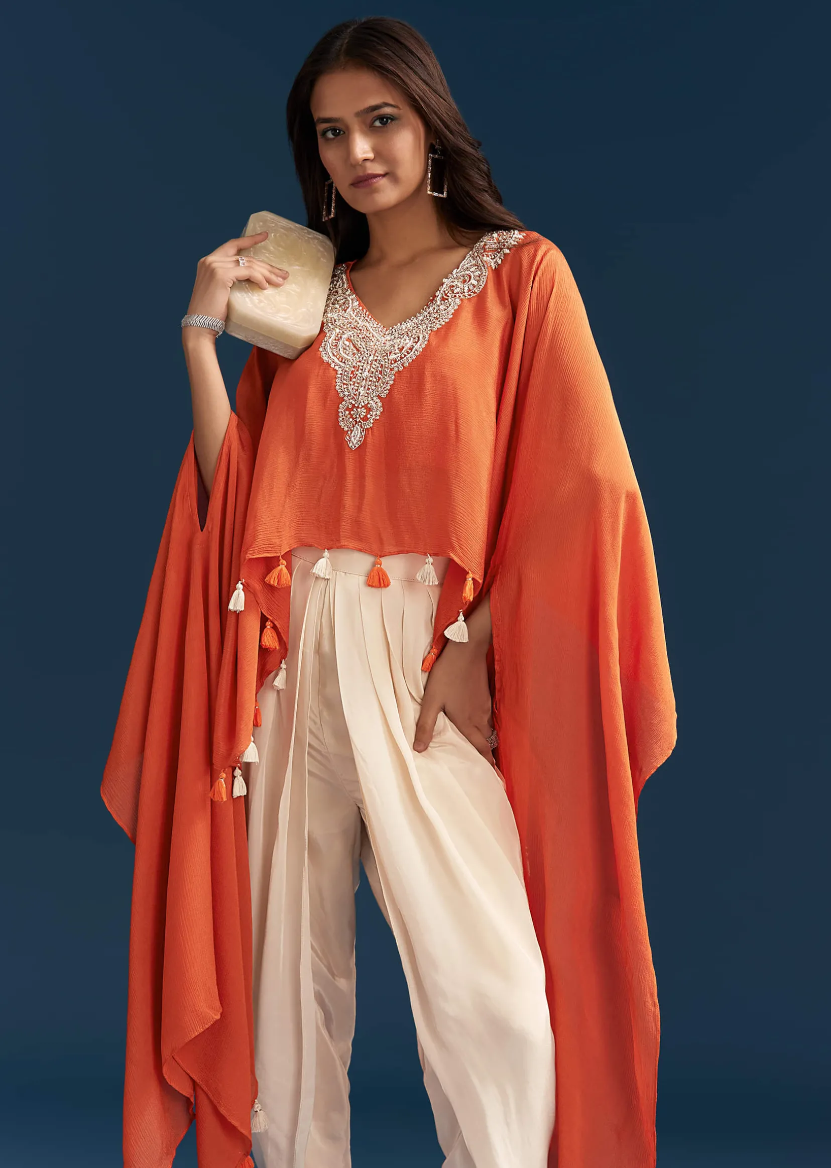 Orange Cape Crop Top Dhoti Set With Moti And Cut Dana Embroidery