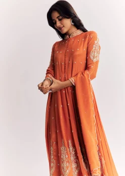 Orange Chinon Anarkali Suit With Moti Sequins And Cutdana Dupatta