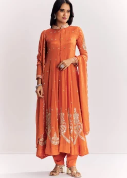 Orange Chinon Anarkali Suit With Moti Sequins And Cutdana Dupatta