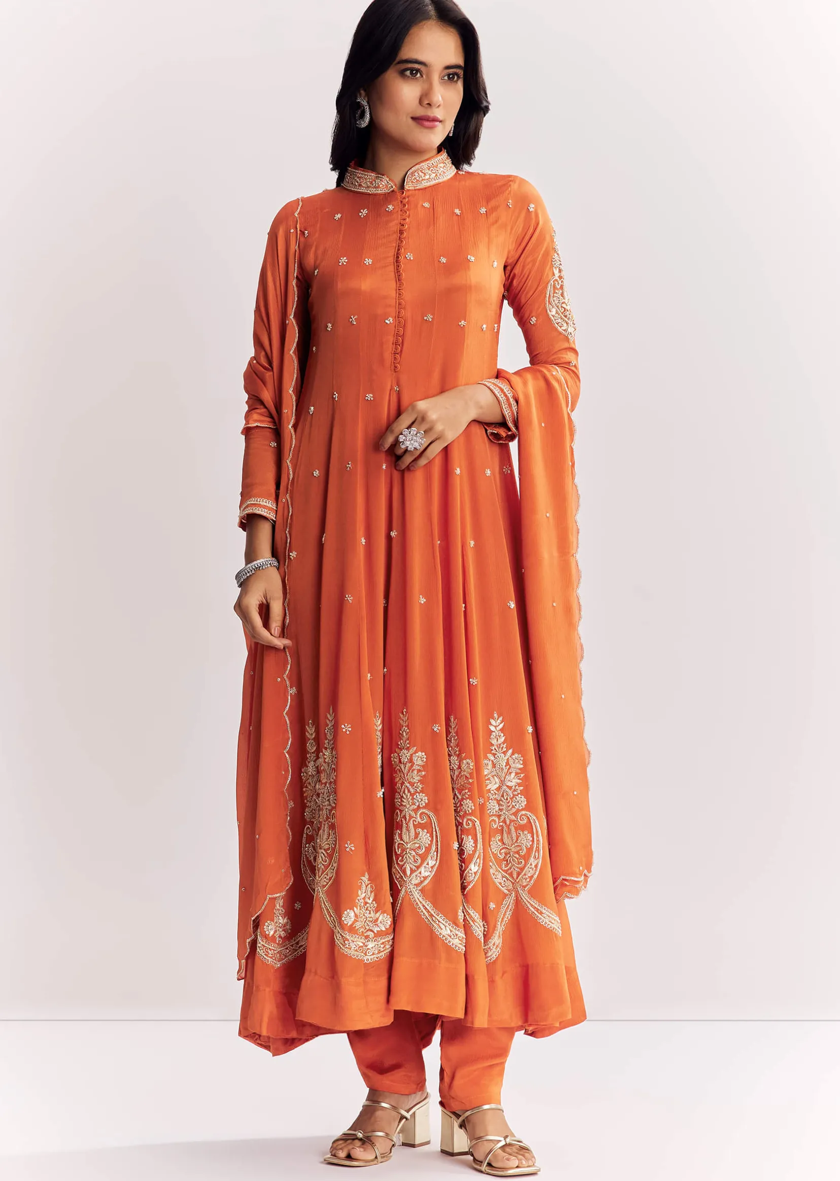 Orange Chinon Anarkali Suit With Moti Sequins And Cutdana Dupatta