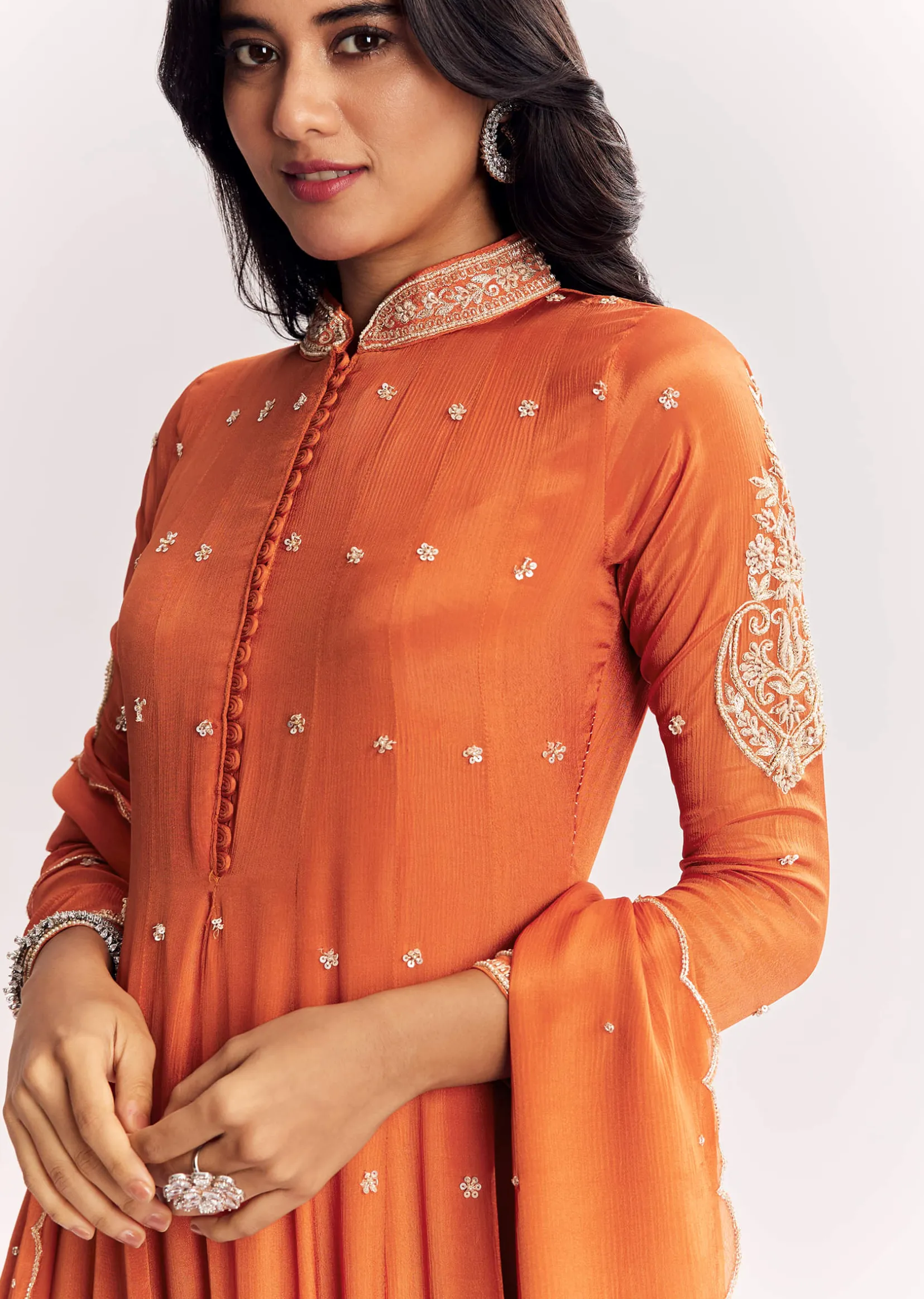Orange Chinon Anarkali Suit With Moti Sequins And Cutdana Dupatta