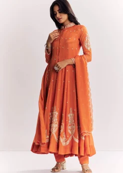 Orange Chinon Anarkali Suit With Moti Sequins And Cutdana Dupatta