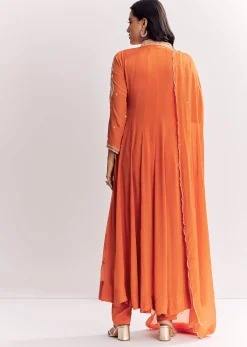 Orange Chinon Anarkali Suit With Moti Sequins And Cutdana Dupatta