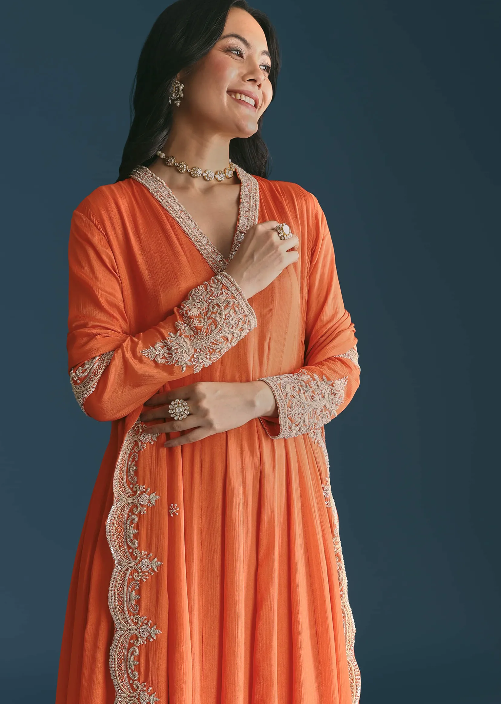 Orange Chinon Anarkali Suit With Embroidered Dupatta