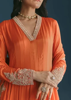 Orange Chinon Anarkali Suit With Embroidered Dupatta