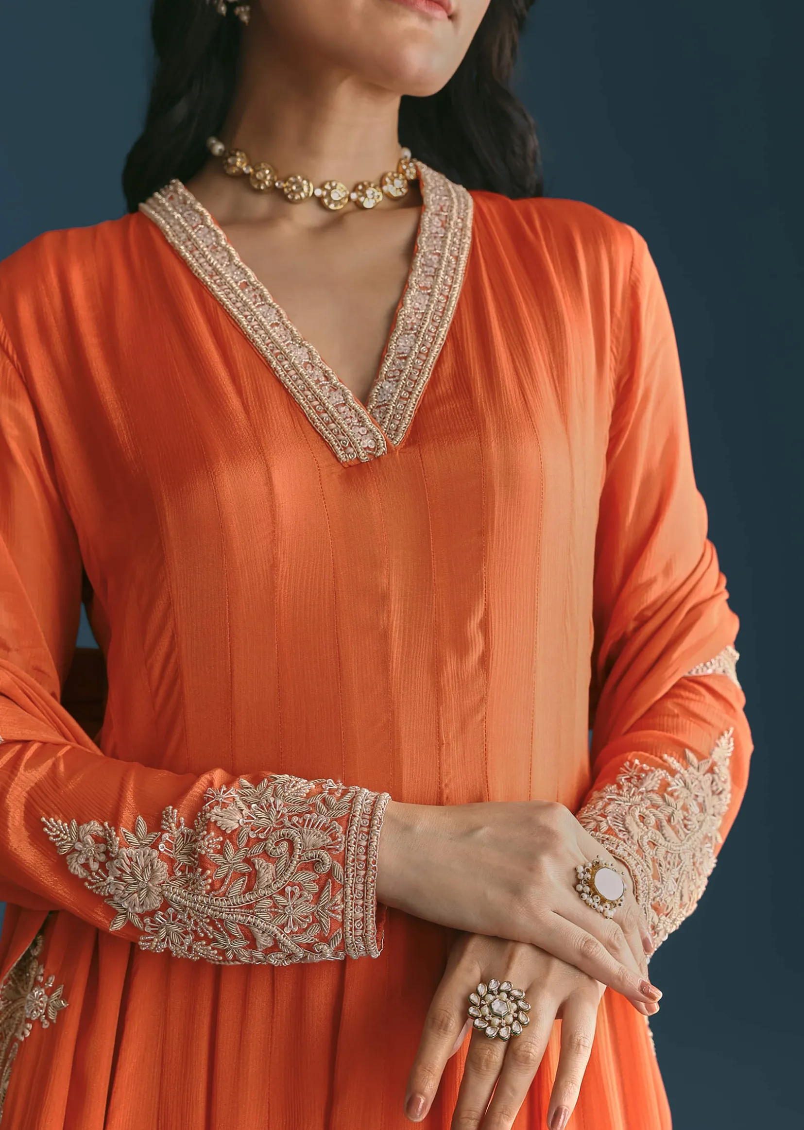 Orange Chinon Anarkali Suit With Embroidered Dupatta