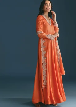Orange Chinon Anarkali Suit With Embroidered Dupatta