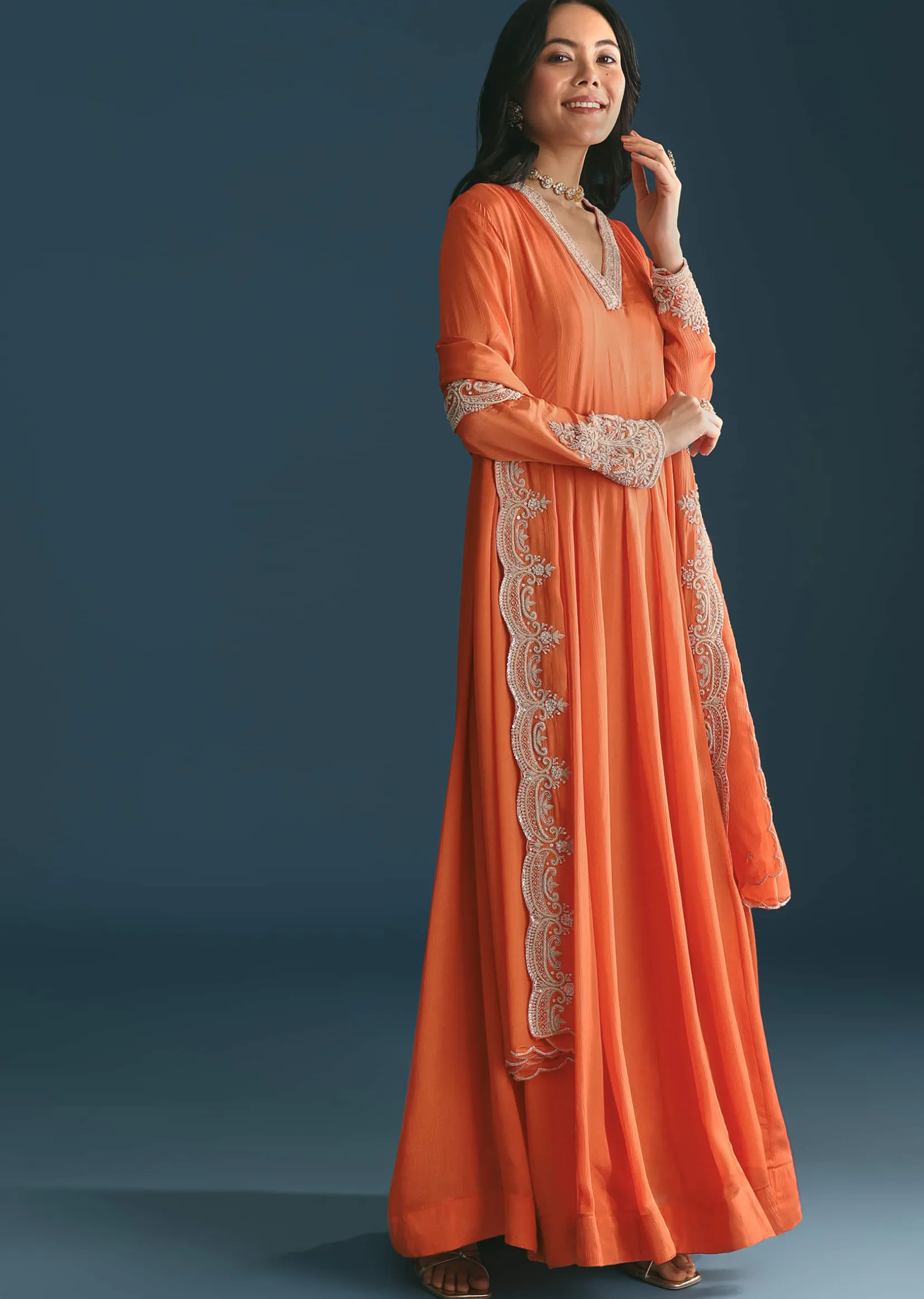 Orange Chinon Anarkali Suit With Embroidered Dupatta