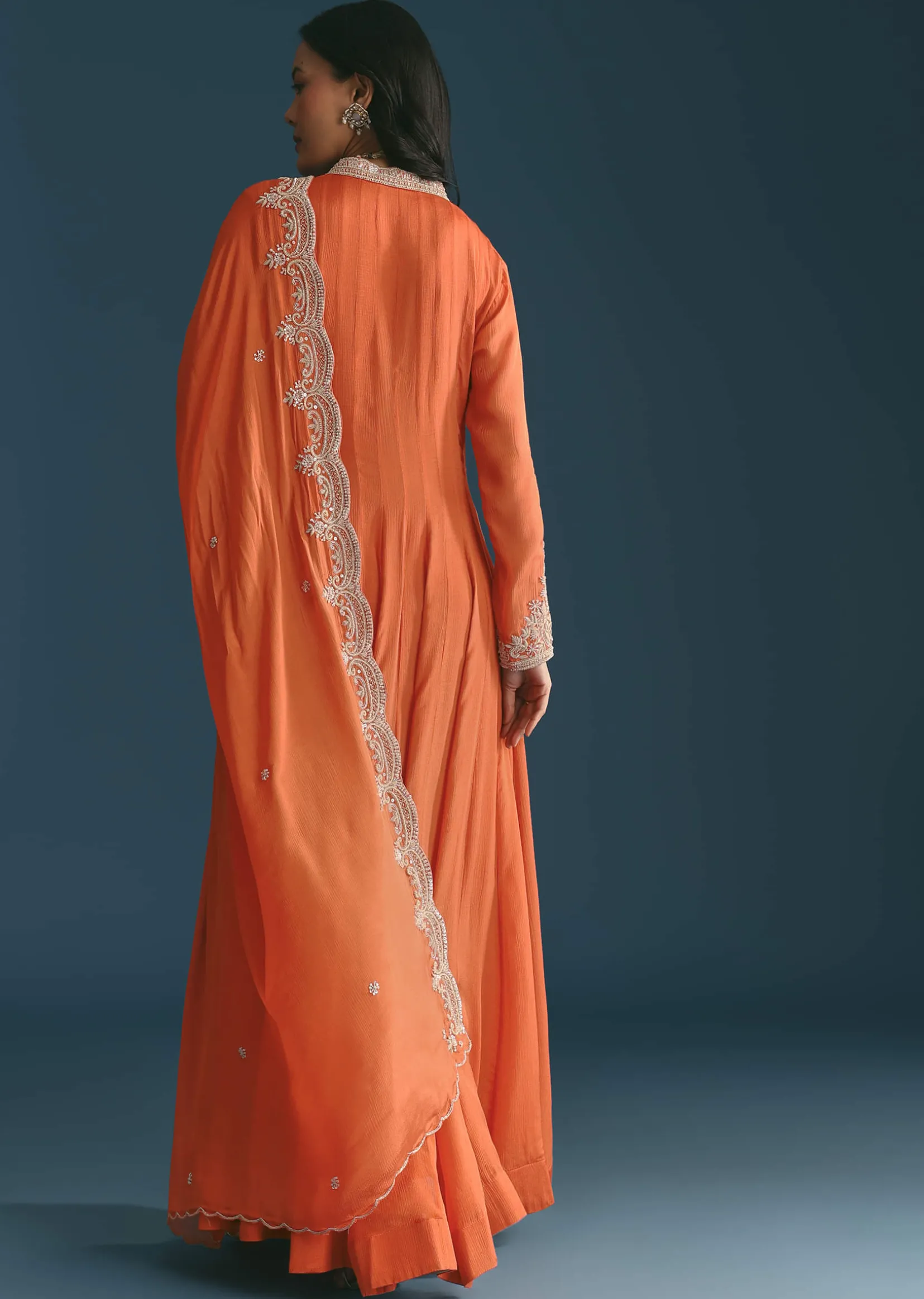 Orange Chinon Anarkali Suit With Embroidered Dupatta