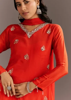 Orange Chinon Asymmetrical Cut Kurta Sharara With Dupatta