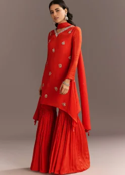 Orange Chinon Asymmetrical Cut Kurta Sharara With Dupatta