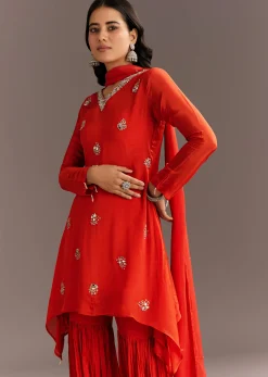 Orange Chinon Asymmetrical Cut Kurta Sharara With Dupatta