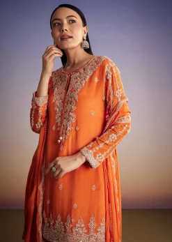 Orange Chinon Kurta Palazzo Set With Cutdana And Beads Work