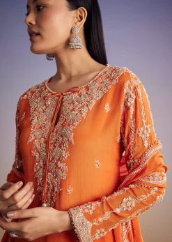 Orange Chinon Kurta Palazzo Set With Cutdana And Beads Work
