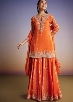 Orange Chinon Kurta Palazzo Set With Cutdana And Beads Work